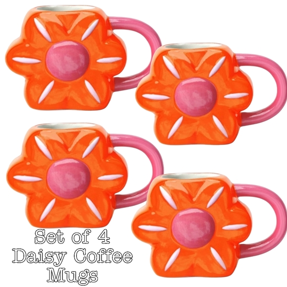 Set of 4 NWT earthenware novelty daisy coffee Mugs orange pink ceramic cute - Picture 1 of 2